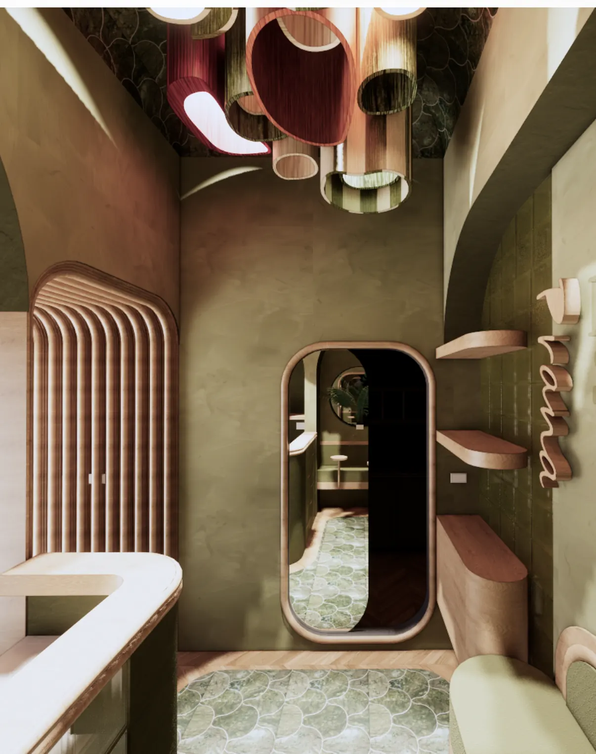 Pilates studio mirror and corridor render